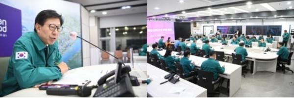 부산 선적 금성호 침몰 사고와 관련해 8일 오후 5시 30분, 시청 재난안전대책본부에서 박형준 시장이 대책 회의를 주재하고 있다/제공=부산시