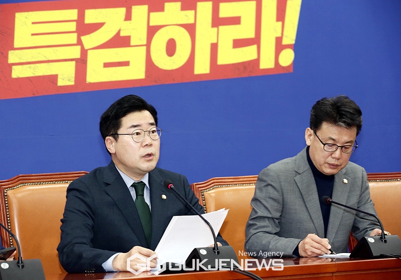 ▲박찬대 더불어민주당 원내대표는 14일 오전 국회에서 열린 정책조정회의 모두발언을 통해 김건희 특검법을 오늘 국회 본회의에서 통과시키겠다고 말하고 있다./사진=원명국 기자