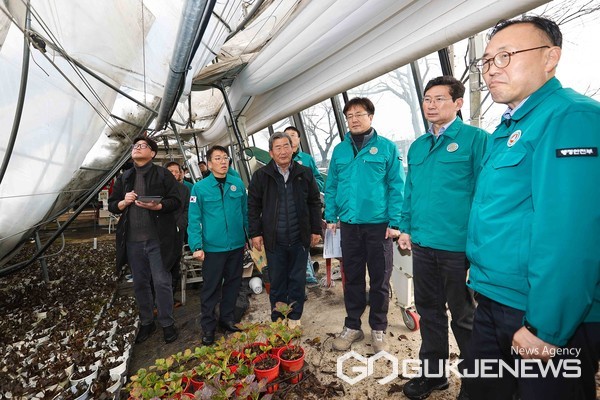 ▲이상일 용인시장이 1일 이한경 행정안전부 차관과 폭설 피해를 입은 처인구 남사읍 진목리 화훼농가 현장을 점검하고 있다.(사진=용인시)