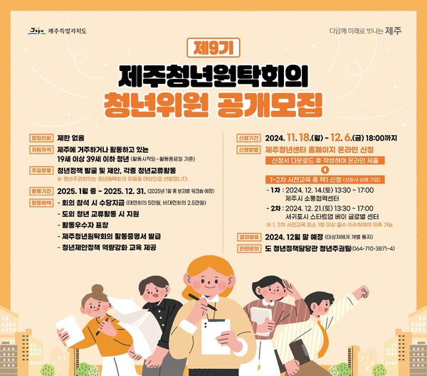  제주도가 제주 청년의 삶과 문제에 관심을 갖고 주체적으로 정책을 발굴하고 제안할 제9기 제주청년원탁회의 청년위원을 모집중에 있다.