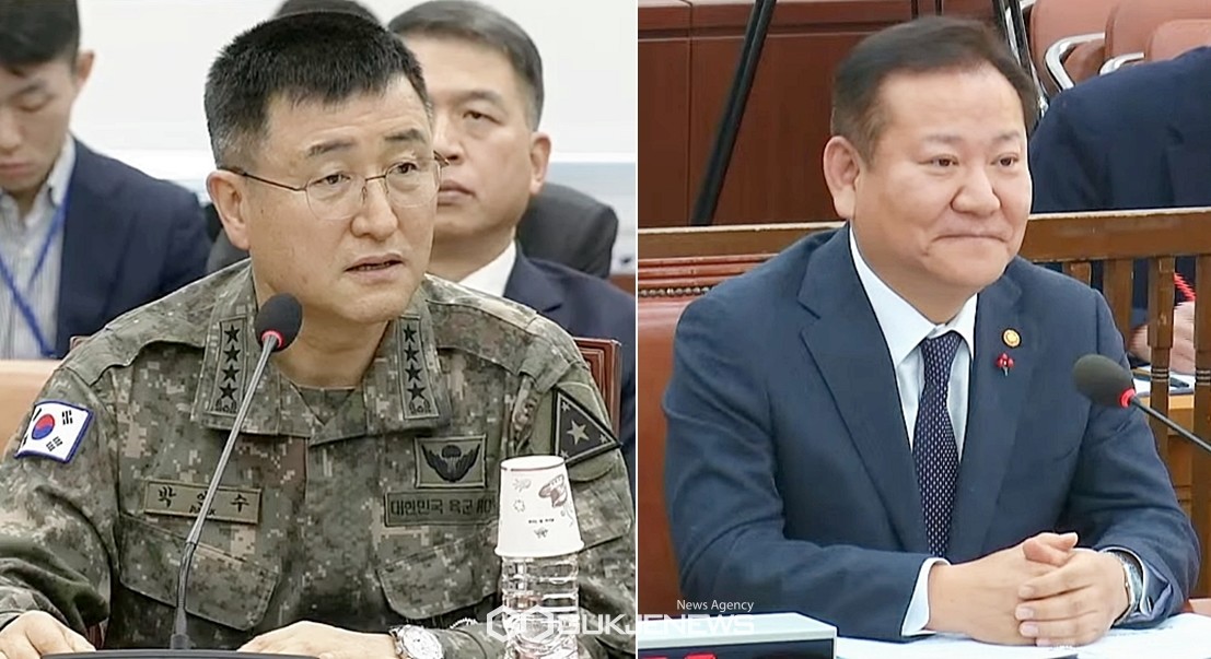 ▲국회 국방위원회 전체회의와 행안위 전체회의에 출석한 박안수 육군참모총장과 이상민 행정안전부 장관이 여야 의원들의 질문에 답변하고 있다./사진=원명국 기자 