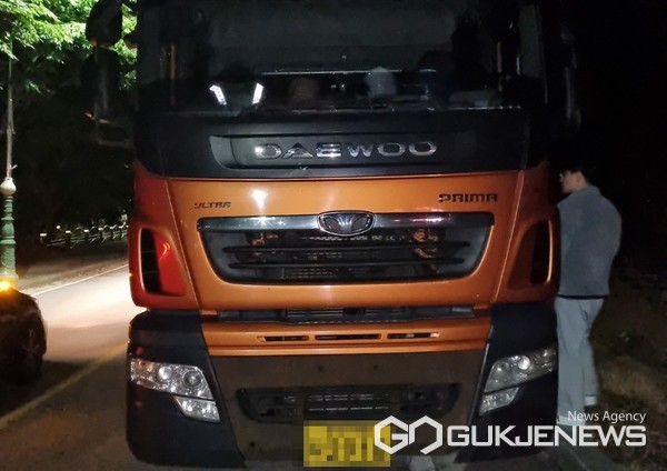 대형차랑 차고지 외 밤샘주차를 단속하는 군 관계자(사진=단양군)