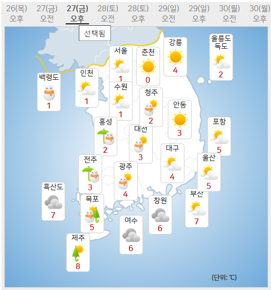 27일 날씨예보 (사진=기상청 제공)