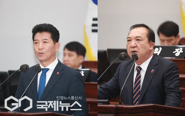 올해 첫 열린 제주도의회 임시회에서 여야 원내대표들이 민생경제 회복에 대해 한 목소리를 내면서 제주 최대의 현안인 제2공항 건설과 관련 '도민의 이익'과 '제주발전의 키워드'를 꺼내 들면서 필요성에 대해 뜻을 같이 했다.[사진=제주도의회, 사진 왼쪽 송영훈 의원, 사진 오른쪽 이정엽 의원]