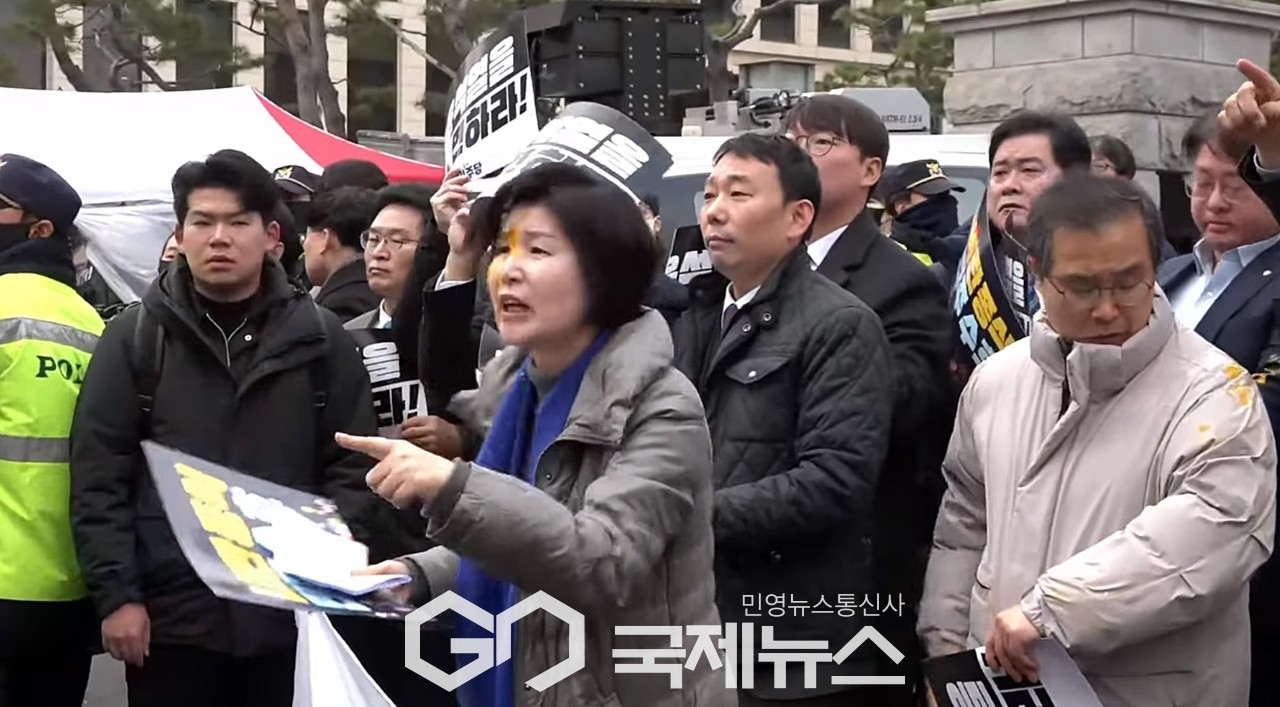 ▲더불어민주당 원내대표단은 20일 오전 헌법재판소 앞에서 윤석열 신속 파면 촉구 기자회견 중 백혜련 의원이 날계란에 맞는 일이 발생했다. 백혜련 의원은 민주주의 사회에서 있어서는 안 되는 일이라며 범인을 찾아달라고 경찰에 당부하고 있다./민주델리