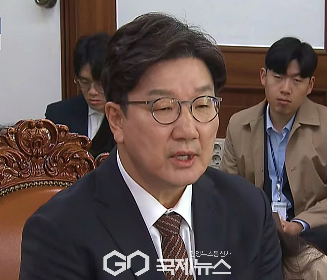 ▲권성동 국민의힘 원내대표는 31일 오전 국회의장 주재 여야 원내대표 회동에서 더불어민주당의 을사오적 발언에 대해 비난하고 있다./사진=이용우 기자