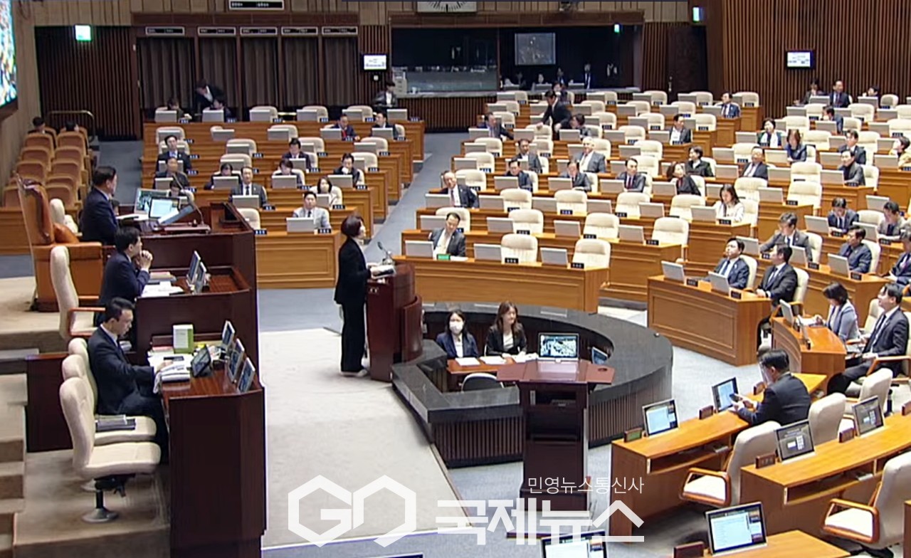 ▲한정애 더불어민주당 의원은 3일 오후 열린 국회 본회의 질의에서 심우정 검찰총장 자녀 특혜 채용 의혹을 제기하고 있다./사진=이용우 기자