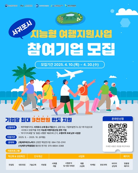 제주테크노파는‘서귀포시 방문객을 위한 지능형 여행지원산업’ 기업지원프로그램 수혜기업을 오는 30일까지 모집하고 있다.