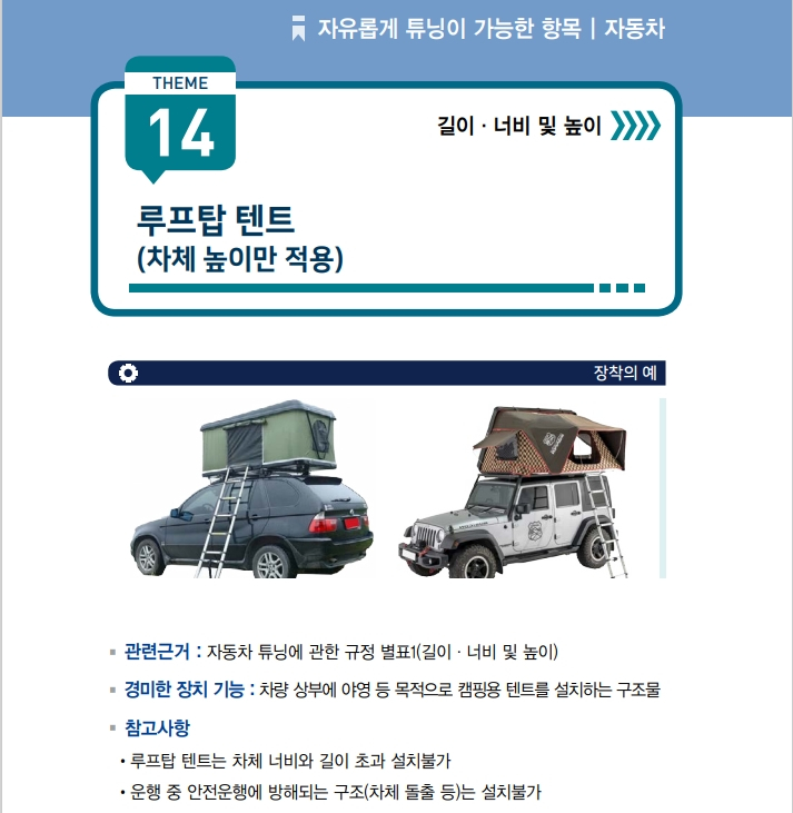 차량 상부에 야영등의 목적으로 캠핑용 텐트를 설치하는 구조물 형태