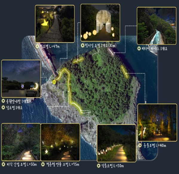 새연교 일원에 야간조명 개선 사업을 진행한다. 서귀포시에 따르면 연간 새연교 방문객은 24만명에 달한다. 이처럼 새연교를 찾는 관광객들을 새섬으로 유도하기 위해 새섬 안에 다양한 야간조명을 설치할 계획이다.[사진=서귀포시]