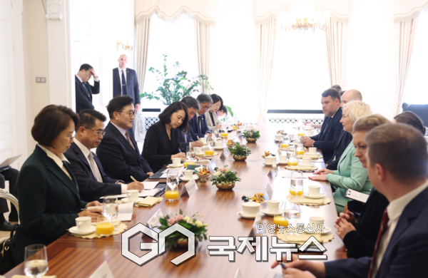 ▲우원식 의장이 다이가 미에리나 의회의장과 면담을 진행하고 있다. 우리측 전면부터 백선희 국회의원, 주라트비아 김종한 대사, 우원식 국회의장, 통역(임소영 통역관), 조오섭 의장비서실장, 이원정 정책수석비서관, 조경숙 메시지수석비서관. 상대측 전면에서 세 번째가 다이가 미에리나 의회의장. 사진=국회