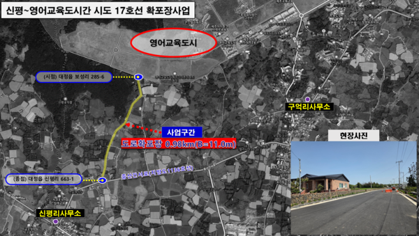 서귀포시는 대정읍 영어교육도시 인근의 교통량 증가로 인한 차량 통행 불편을 해소하기 위해 추진하는 ‘신평-영어교육도시 간 시도 17호선 도로 확·포장사업’을 6월 중 마무리하고, 7월 중 전면 개통한다.[사진=서귀포시]