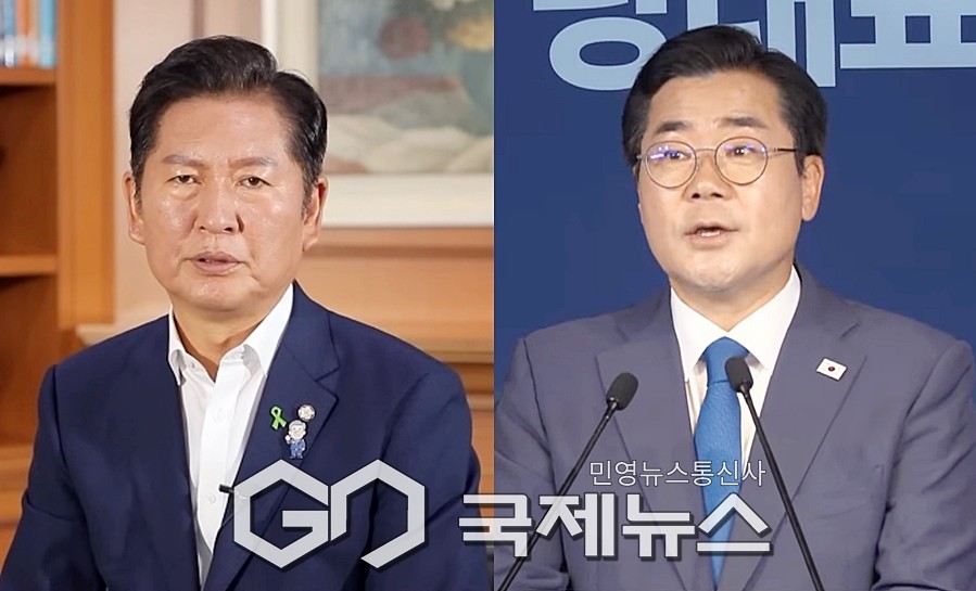 ▲정청래·박찬대 더불어민주당 의원은 10일 더불어민주당 당대표를 선출하는 8·2 전국당원대 후보등록을 마치고 당권 도전의 각오를 밝히고 있다./사진=이용우 기자