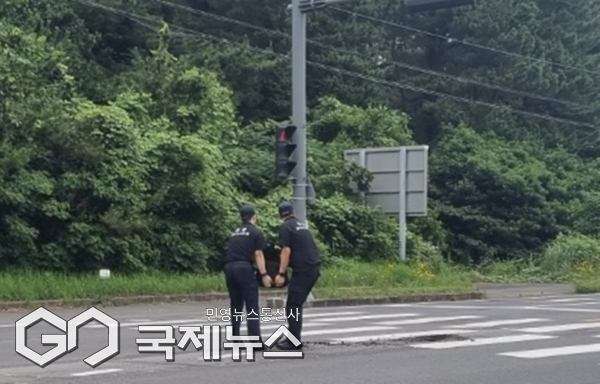 제주해안경비단 해안2경비대(경정 최인국)가 도로 위 대형 장애물을 신속히 제거해 교통사고를 사전에 방지했다.[사진=제주해안경비단 해안2경비대]