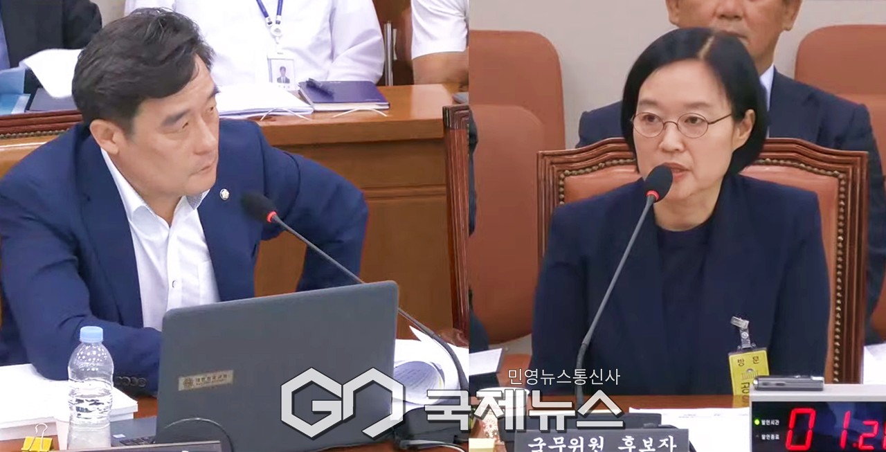 ▲한성숙 중소벤처기업부 장관 후보자는 15일 국회 산업통상자원중소벤처기업위원회 인사청문회에서 국민의힘 정동만 의원의 질의에 답변하고 있다./국회방송