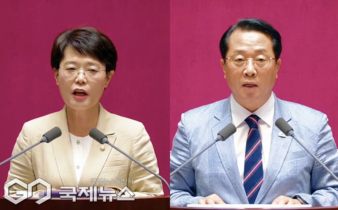 ▲전종덕 진보당 의원과 문금주 더불어민주당 의원은 4일 오후 국회 본회의에서 농안법과 양곡관리법에 대해 찬반토론을 하고 있다./사진=이용우 기자 