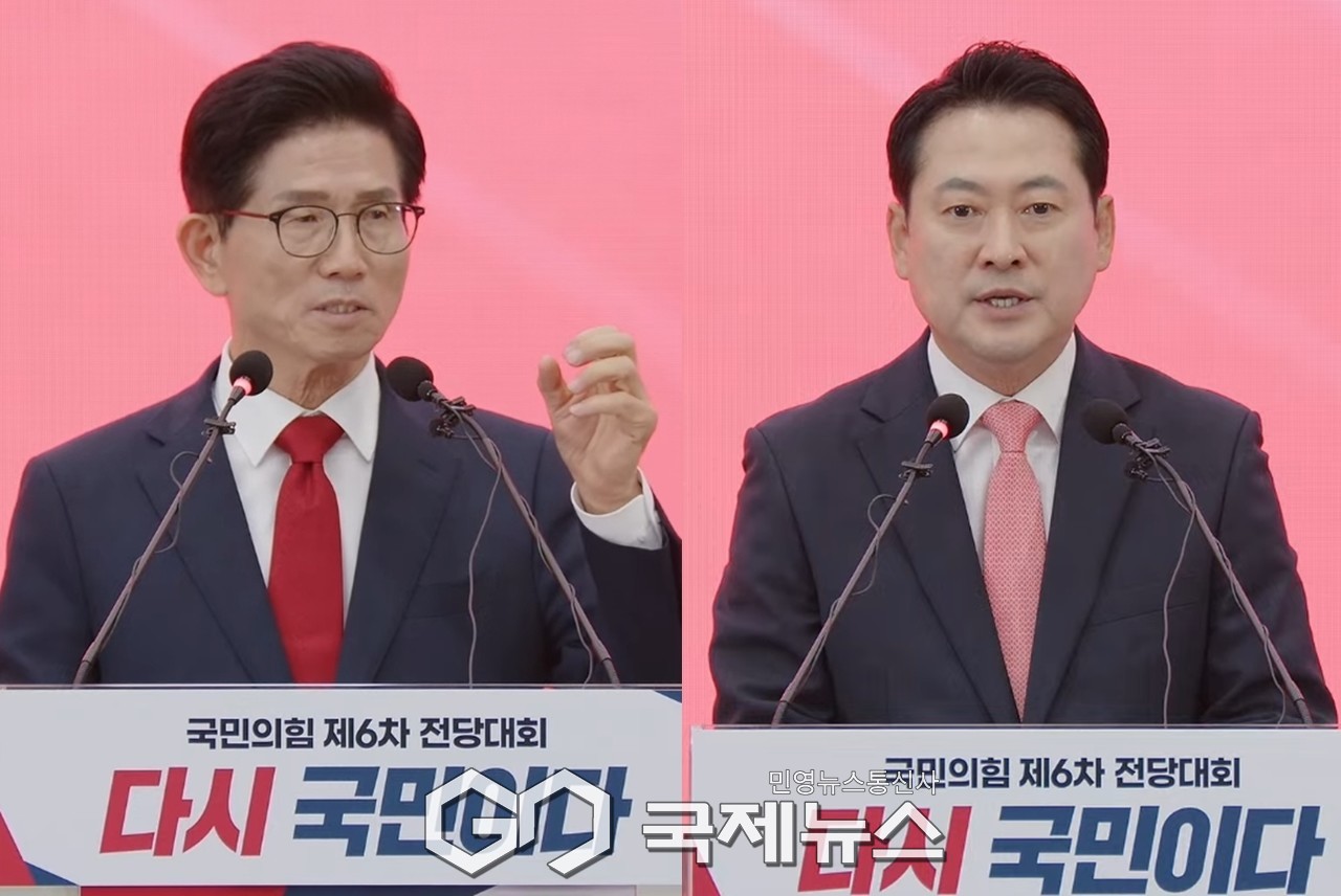 ▲김문수·장동혁 국민의힘 당대표 후보는 22일 오후 충북 청주 오스코에서 열린 제6차 전당대회에서 딩데표 선거 결선 진출을 확정한 후 기자회견을 하고 있다./사진=국제뉴스DB