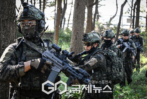 접안지역에 상륙한 특전대원들이 내륙에 위치한 적 시설을 향해 침투하고 있다.(사진제공.육군)