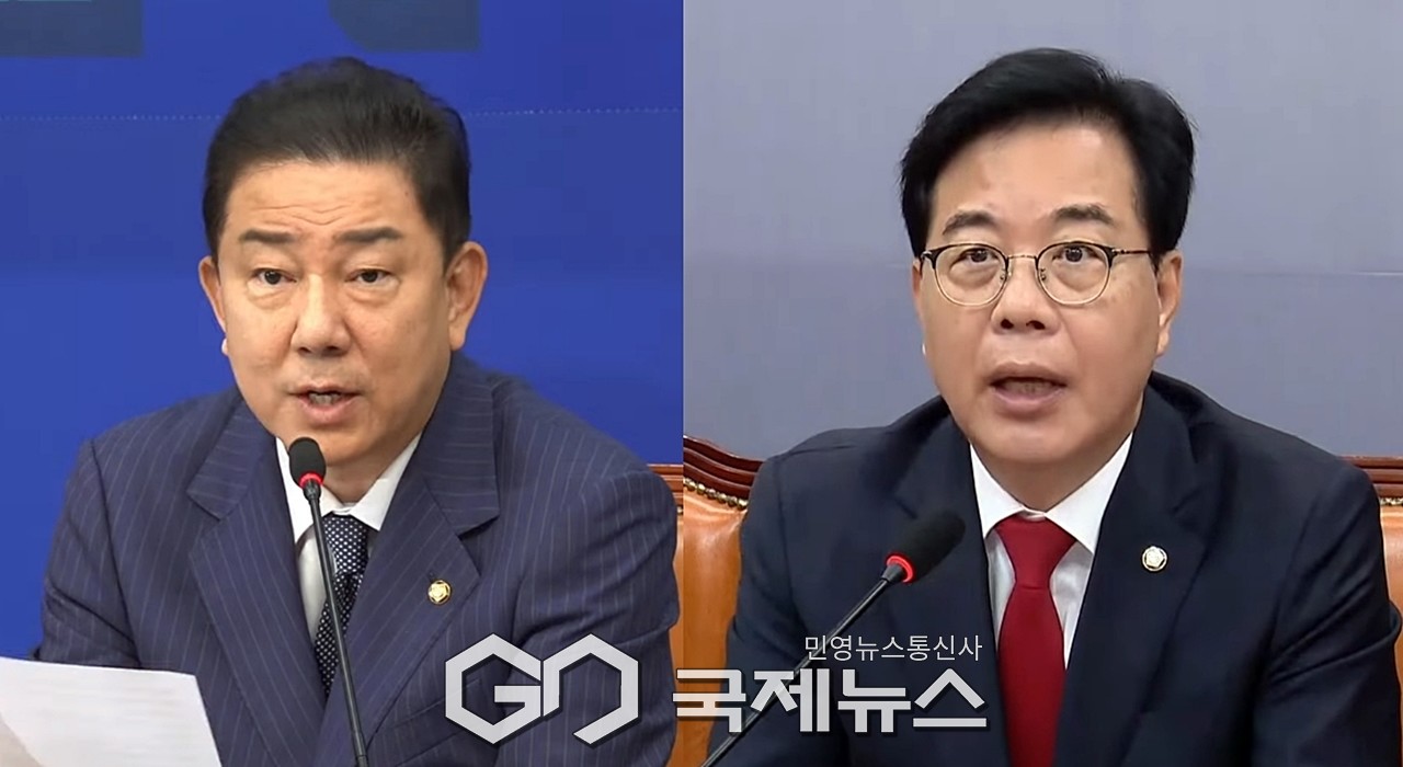 ▲김병기 더불어민주당 원내대표와 송언선 국민의힘 원내대표는 8일 오전 국회에서 열린 최고위원회의에서 정보조직 개편안에 대해 모두달언을 하고 있다./사진=이용우 기자