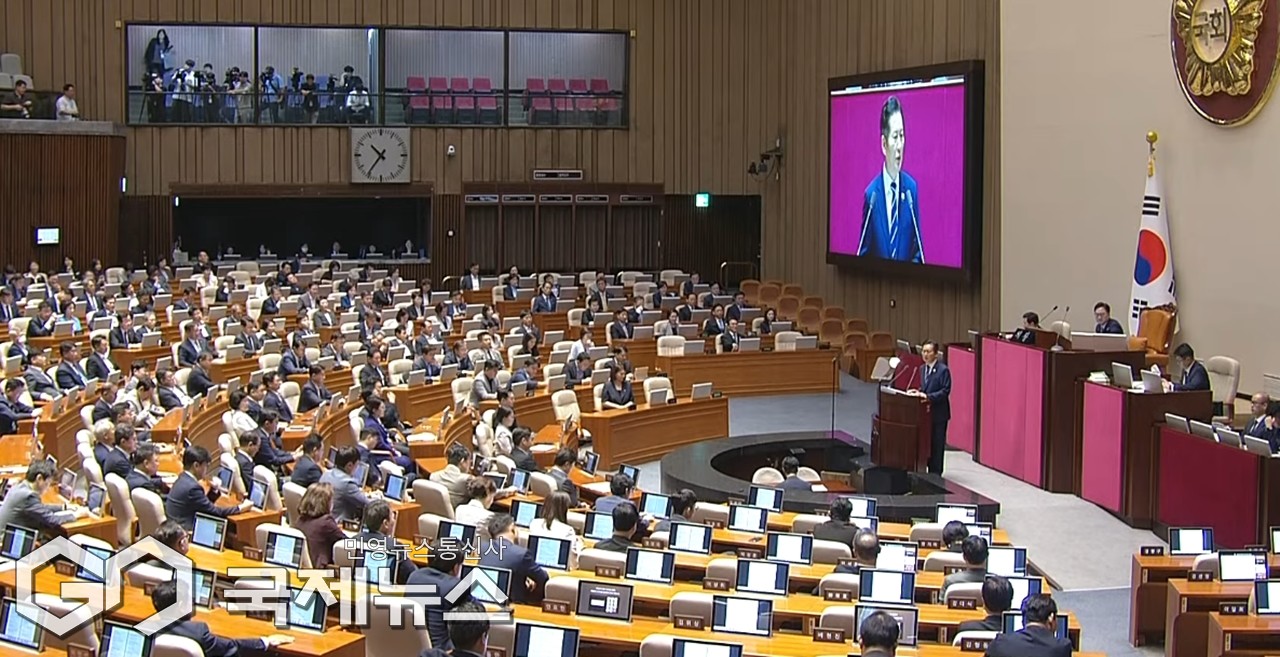 ▲정청래 더불어민주당 대표는 9일 오전 국회 본회의 교섭단체 대표연설을 하고 있다./사진=이용우 기자