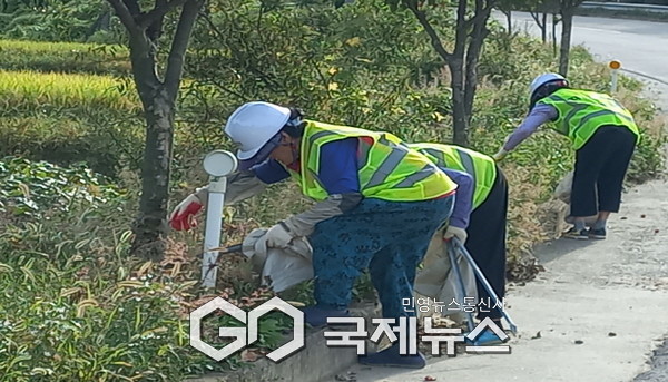 ​평은면 지곡2리 주민들이 주요도로변 환경정비를 하고 있다​
