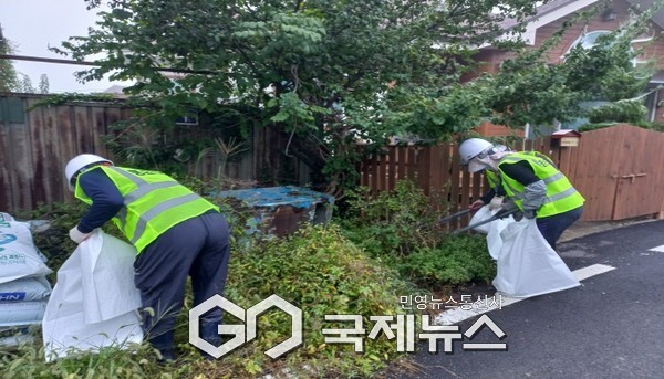 평은1리 주민들이 도로변 환경정비를 실시하고 있다