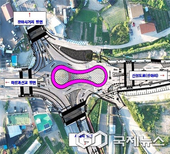 쌍물방울형 회전교차로 설치 예정 모습, 보라색 부분.(제공=옥천군청)