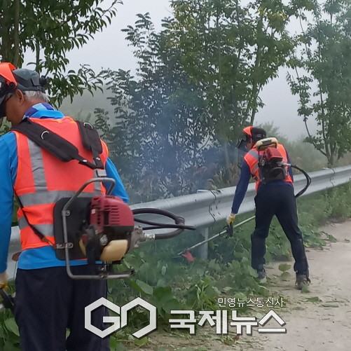 평은면 새마을지도자들이 풀베기를 하고 있다