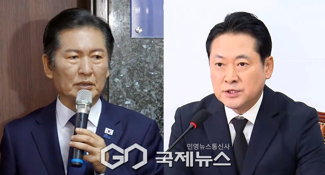 ▲13일 오전 국회에서 정청래 더불어민주당 대표는 국정감사 종합상황실 현판식에서 장동혁 국민의힘 대표는 최고위원회의에서 이재명 정부 첫 국정감상에 임하는 각오를 밝히고 있다./사진=이용우 기자 