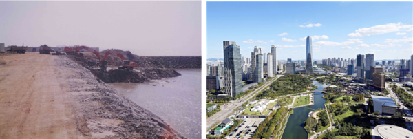 '송도의 어제와 오늘'... 2002년 송도매립 초기(좌측)와 2024년 송도국제도시 모습(우측). 사진=인천시