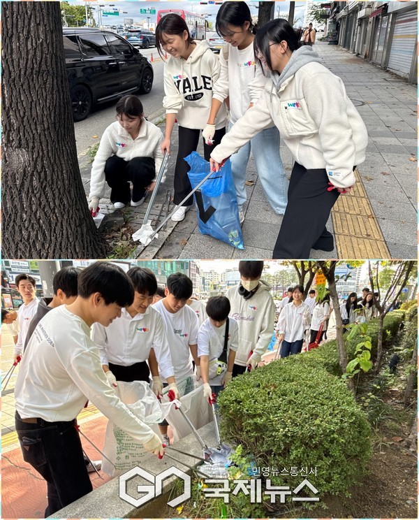 ▲글로벌 복지단체 국제위러브유운동본부 회원과 시민 약 290명이 환경정화활동을 하고있다 <위러브유 제공>