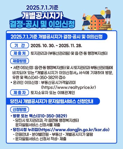 당진시는 2025년 7월 1일 기준 개별공시지가를 10월 30일 결정·공시하고, 11월 28일까지 30일간 이의신청을 접수한다.(당진시)