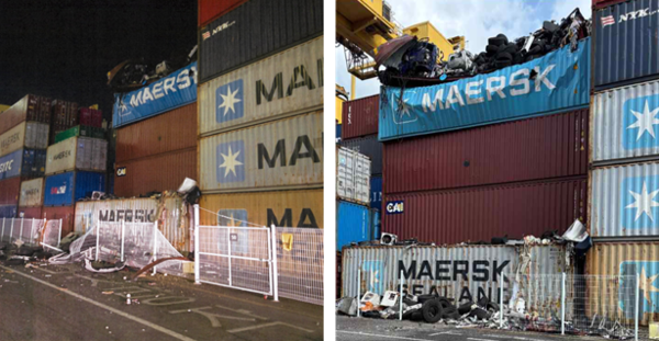 지난 8월 28일 인천신항 한진컨테이너터미널에서 발생한 컨테이너 폭발 사고 모습. 컨테이너 내부에 수출용 중고차와 함께 다량의 LP 가스통과 부탄가스 등 위험물이 적재됐던 사실이 소방과 경찰의 공식 조사를 통해 확인됐다. 사진=허종식 의원실 제공