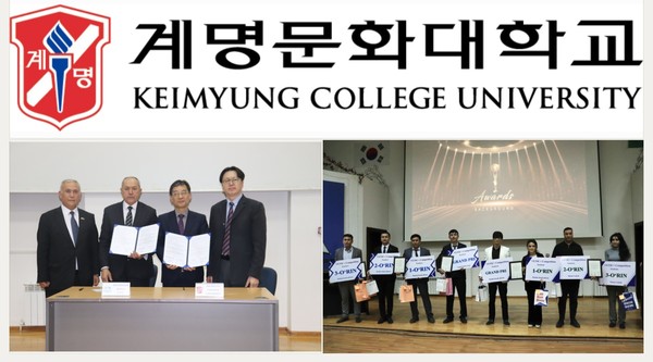 사진 좌: 왼쪽부터 우즈베키스탄 사마르칸트 직훈원 이스모일 원장, 우즈베키스탄 샤흐리샵스 직훈원 율다셰프 원장, 계명문화대학교 KOICA 사업 PM 이상석 교수, KOICA 우즈베키스탄 사무소 신명섭 소장이 기념촬영을 하고 있는 모습. 사진 우: KOICA 직업훈련원 교사 수업 혁신·학생 학습 사례 공모전 시상식에서 수상한 교사와 학생들이 시상식 후 기념촬영을 하고 있는 모습.(사진제공=계명문화대학교)