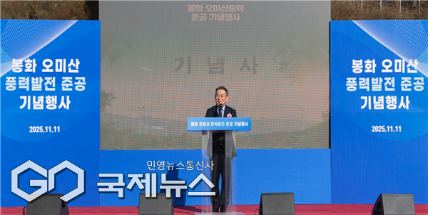 남부발전 김준동 사장이 11일, 열린 '봉화 오미산 풍력발전 준공 기념행사'에서 기념사를 하고 있다/제공=남부발전