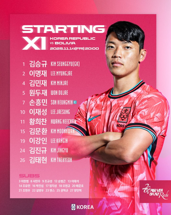 한국 볼리비아 축구 평가전 선발 라인업 명단 / KFA 제공 