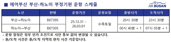 에어부산 부산-하노이 부정기편 운항 스케줄