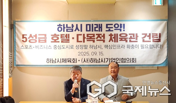 지난 9월 15일 열린 기자회견에서 김승현 하남시 기업인협의회장(오른쪽)과 최진용 하남시체육회장(왼쪽)이 ‘5성급 호텔‧다목적 체육관 건립’에 대해 설명하고 있다.(사진=하남시)